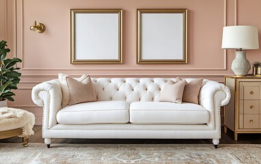 Elegant white sofa in blush pink room.
