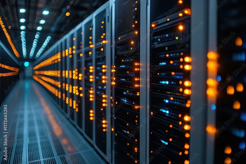 Aufkleber datacenter interior with illuminated servers highlighting technology and data storage operations in 