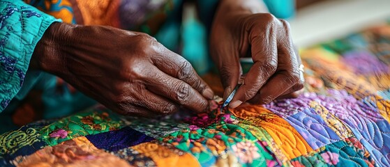 A close-up of skilled hands meticulously sewing a colorful quilt, highlighting the artistry and dedication involved in creating traditional handmade crafts.
