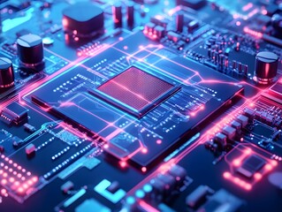 Obraz premium A close-up view of a futuristic circuit board illuminated with vibrant blue and pink lights, showcasing intricate electronic components, ideal for technology and innovation themes.