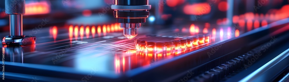 Poster a close-up view of a high-tech laser cutting machine processing a circuit board