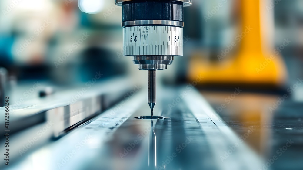 Poster a close-up view of a precision tool measuring and marking metal parts in a factory setting