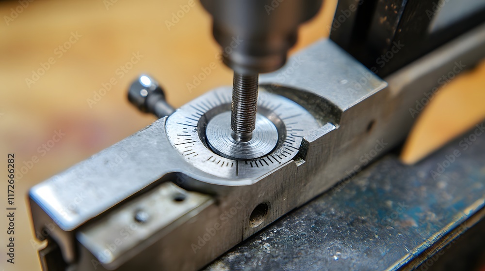 Poster a close-up view of a precision tool in a manufacturing setting, showcasing intricate details and mec
