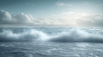 Fototapeta premium Serene ocean waves crashing on a calm beach with dramatic cloudy sky in the background