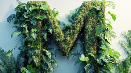 3D mossy letter M covered with lush foliage.