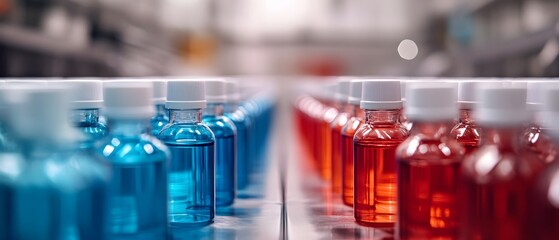 A close-up view of colorful bottles, featuring blue and red liquids, lined up in a modern production facility