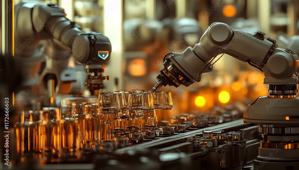 Poster a close-up view of robotic arms in an automated production line, carefully pouring liquids into glas