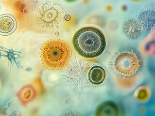 The microscopic world of cells and microorganisms, illustrated abstractly to highlight their intricate patterns and structures.