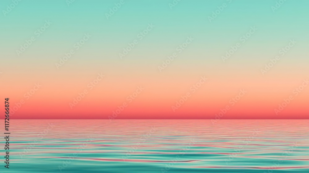 Poster minimal skies concept. a serene ocean horizon blending soft pastel colors at sunset, creating a calm