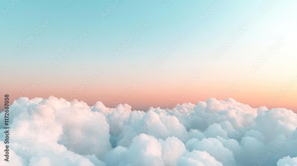 Poster minimal skies idea. a serene view of fluffy clouds against a pastel sky at sunset.
