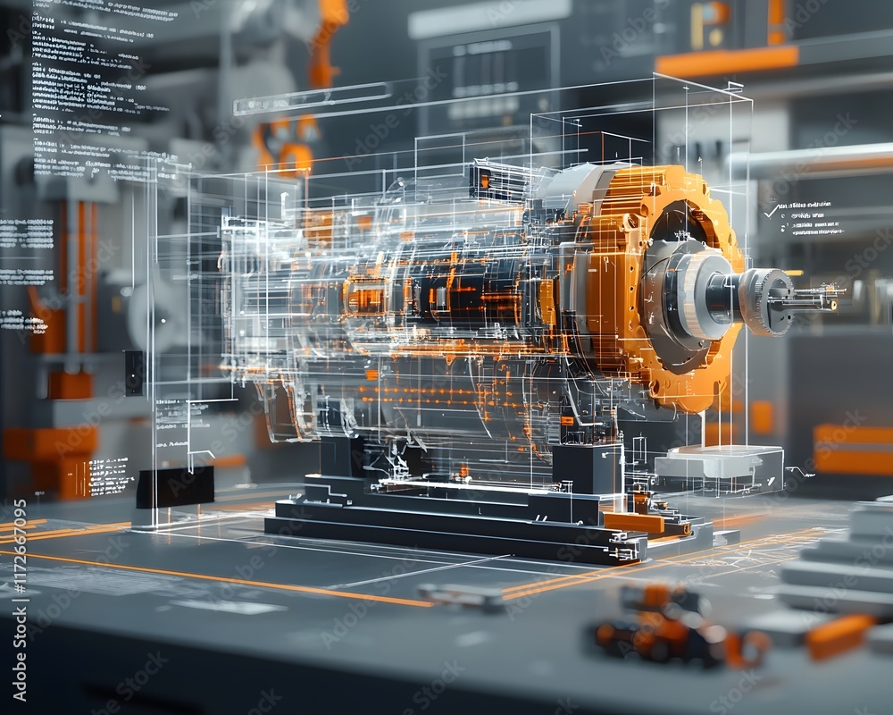 Poster a detailed 3d rendering of a mechanical engine showcasing its intricate design and components. ideal