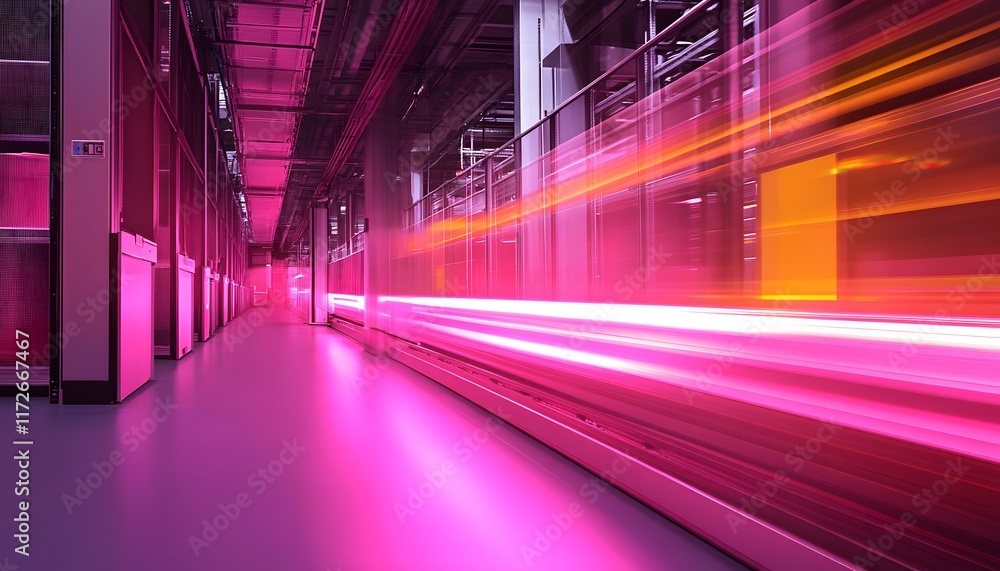 Poster a dynamic view of a high-tech environment showcasing illuminated pathways in vivid pink hues, emphas
