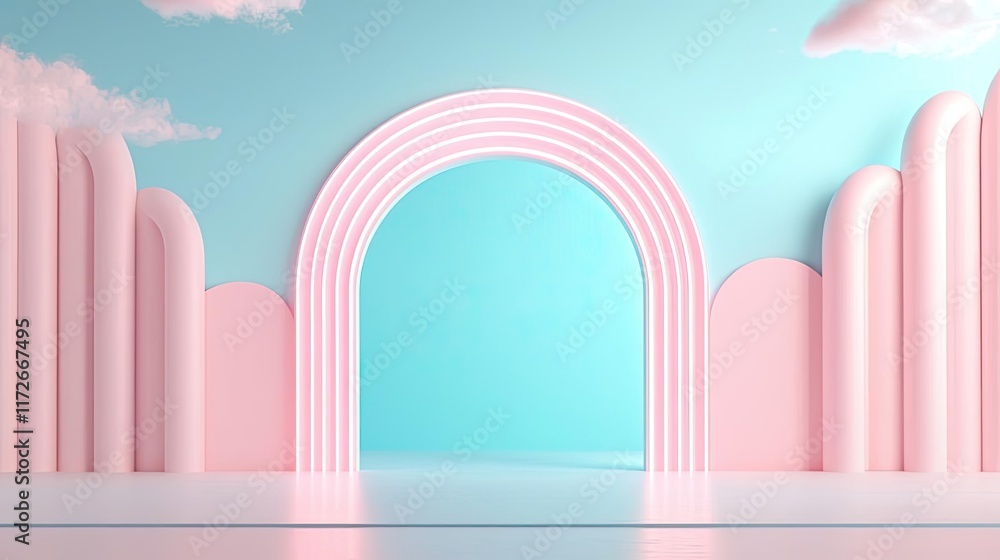 Poster minimal skies concept. a colorful minimalist arch design with a blue background and clouds.