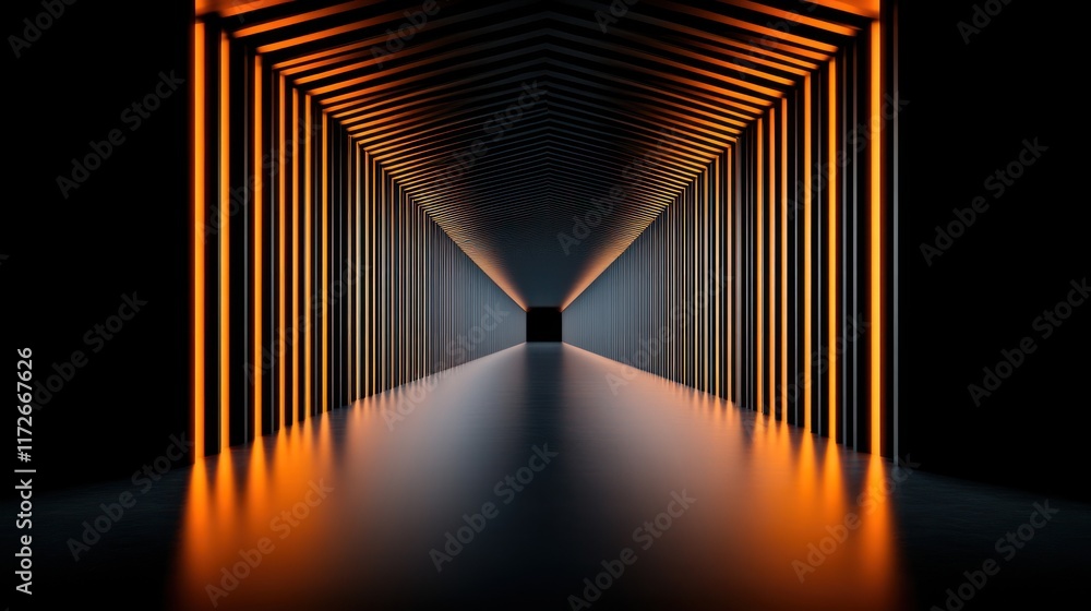 Poster a futuristic corridor illuminated by orange lines, creating depth.