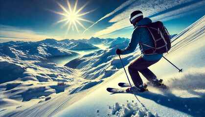 Skiing on a Snowy Mountain - Beautiful View with Sunny Weather and Blue Sky - Skier in Action - Sliding down the White Slope - Fresh Snow - Extreme Sport or Winter Sport - Ski, Ski Poles