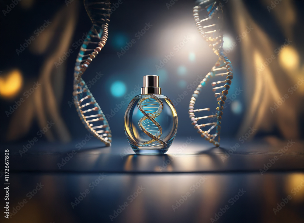 Aufkleber a perfume bottle with a dna double helix design sits between two larger dna strands, illuminated by 