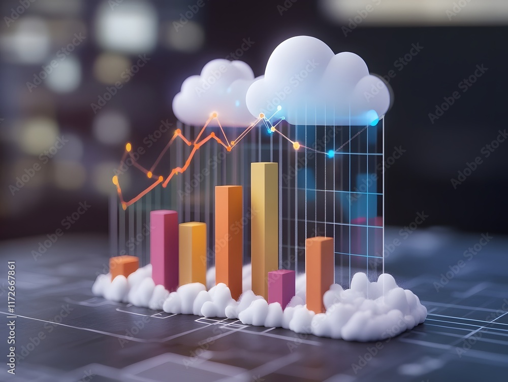 Poster a futuristic business graph display featuring colorful bars and line charts, symbolizing growth and 