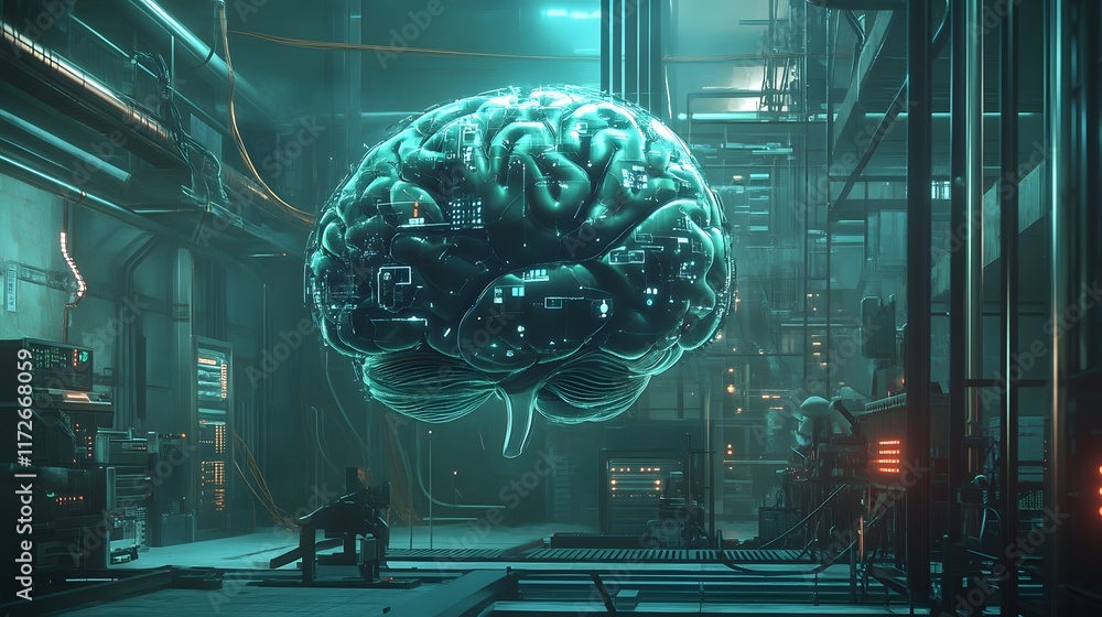 Poster a futuristic digital representation of a brain, glowing in a high-tech environment. this visual conv