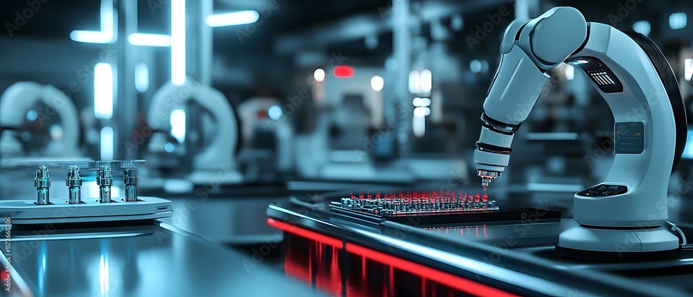 Poster a futuristic robotic arm in a high-tech laboratory. the environment is illuminated with blue and red