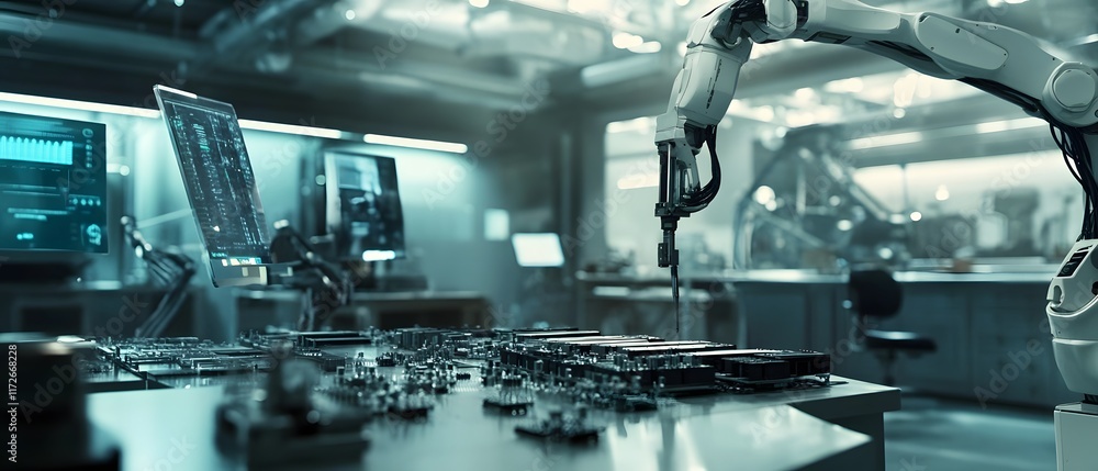 Poster a futuristic robotic arm meticulously assembles intricate components in a high-tech lab, showcasing 