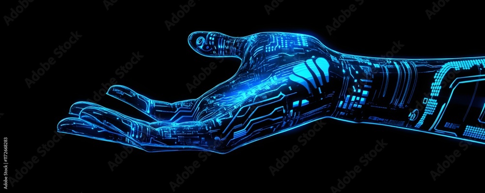 Poster a futuristic robotic hand displaying intricate circuit patterns and glowing blue lights, symbolizing