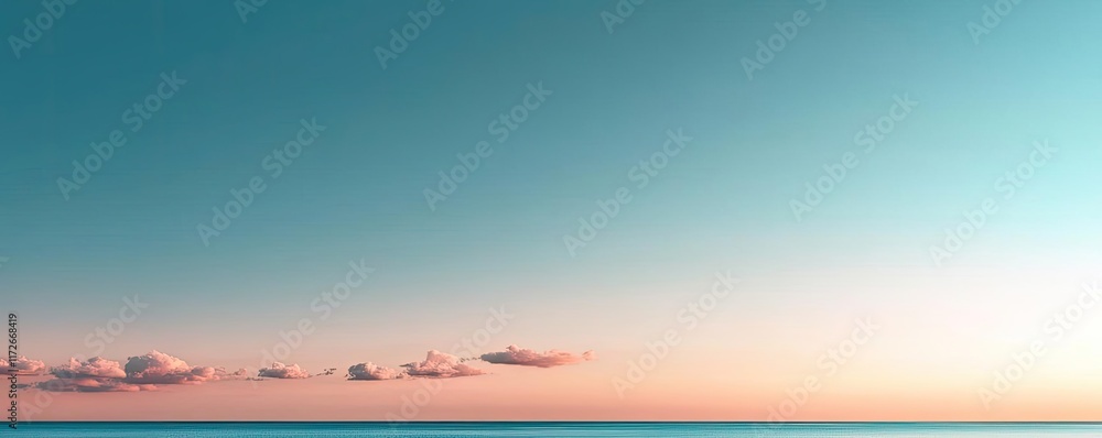 Poster Minimal skies concept. A serene ocean view showcasing a gradient sky at sunset with soft clouds.