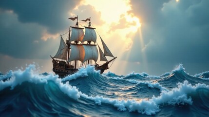 A majestic antique sailing vessel navigates turbulent ocean waves during a dramatic sunset, its sails billowing in the wind.