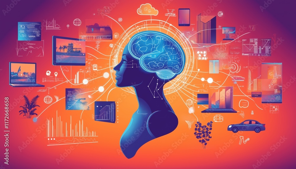 Poster exploring digital innovation with a colorful brain and technology imagery