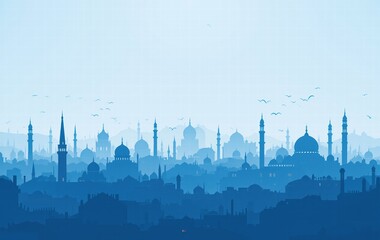Obraz premium The beautiful silhouette of the mosque with domes and minarets against a clear sky, combining architectural elements from iconic buildings such as the Taj Mahal, captures the essence of the mosque.