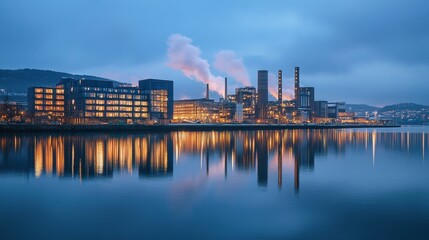 Naklejka premium Industrial Power Plant Emitting Smoke with Stunning Reflections at Dusk