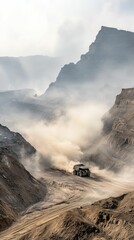 Large mining truck, dusty road, steep terrain.