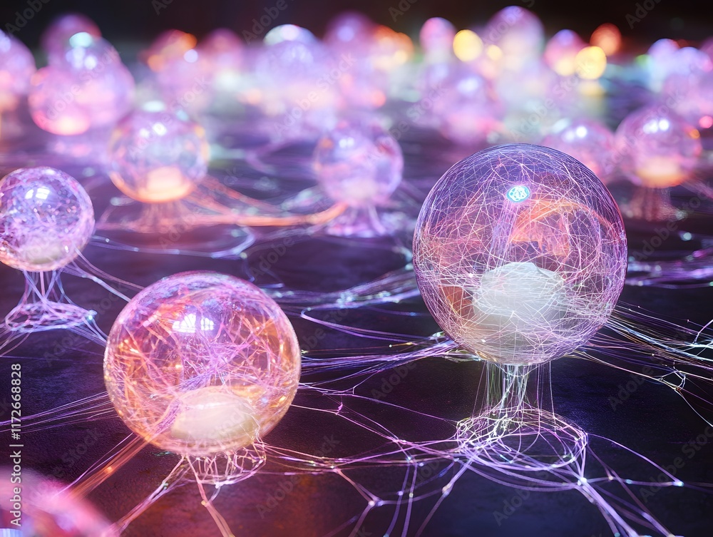 Poster a mesmerizing display of illuminated spheres interconnected by glowing threads, symbolizing technolo