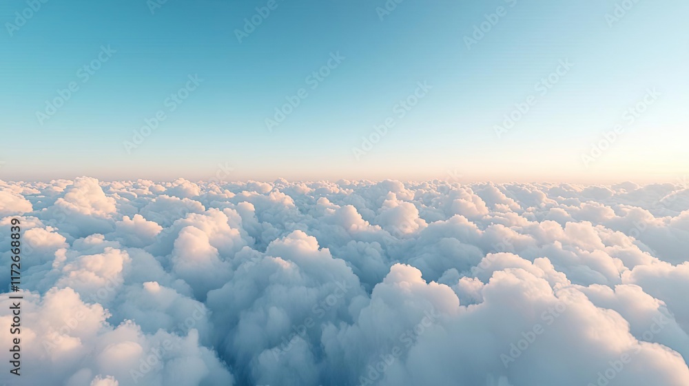 Poster Minimal skies concept. A serene view of fluffy clouds under a clear blue sky, creating a calming atmosphere.