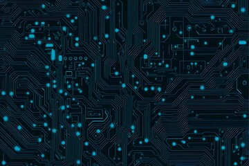 Abstract close-up of a glowing blue digital circuit board, showcasing intricate connections and technological design on a black background.
