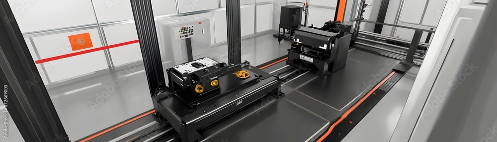 Poster a modern automated warehouse with advanced robotic systems efficiently moving goods. the sleek desig