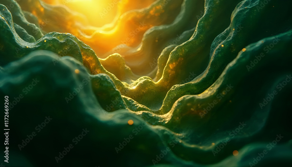 Poster captivating abstract visualization of organic wave patterns illuminated by golden light