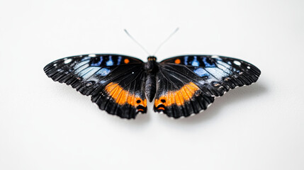 Obraz premium A butterfly wing with vibrant colors rests on a clean white surface, softly illuminated to highlight its delicate details and evoke quiet beauty and elegance.
