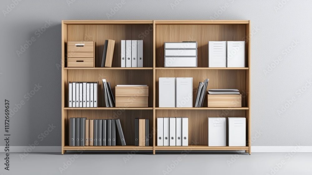 Poster a stylish wooden bookshelf filled with books and storage boxes in a minimalist setting.