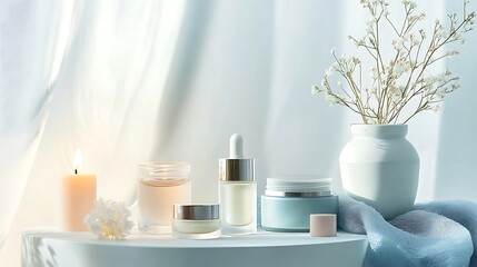 23. A serene and minimalist table setup with cosmetics including eye cream, foundation, and lip balm, arranged neatly with soft lighting