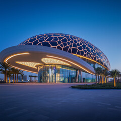 A state-of-the-art convention center featuring a distinctive dome-shaped design, illuminated with sleek LED lighting, and surrounded by a landscaped plaza.