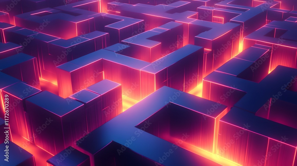 Poster a stunning abstract representation of a maze created with glowing blocks. this vibrant and immersive