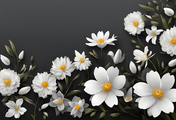 A beautiful floral border design featuring white flowers and green leaves on a dark background. The arrangement is symmetrical, creating a frame effect.