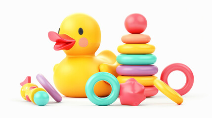 Group of baby toys  and rubber duck 
