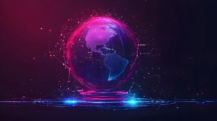 Obraz premium Stylized Futuristic Globe with Icons Representing Technology and Growth in Flat Design