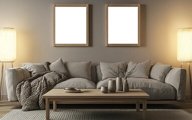 Cozy living room with sofa, coffee table, and lamps.  Relaxing home interior for design inspiration.