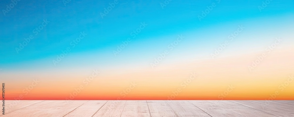 Poster minimal skies idea. a tranquil sunset sky with smooth gradient colors and wooden floor perspective.