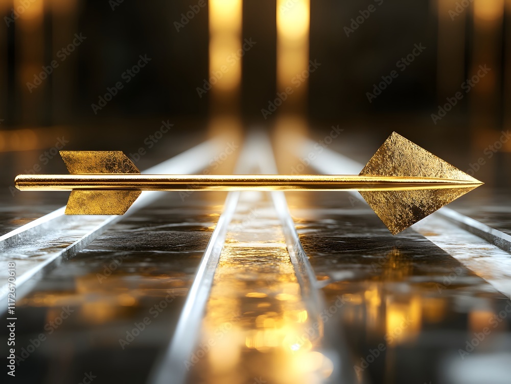 Poster a stunning golden arrow rests on a reflective surface, capturing light and adding a modern and artis