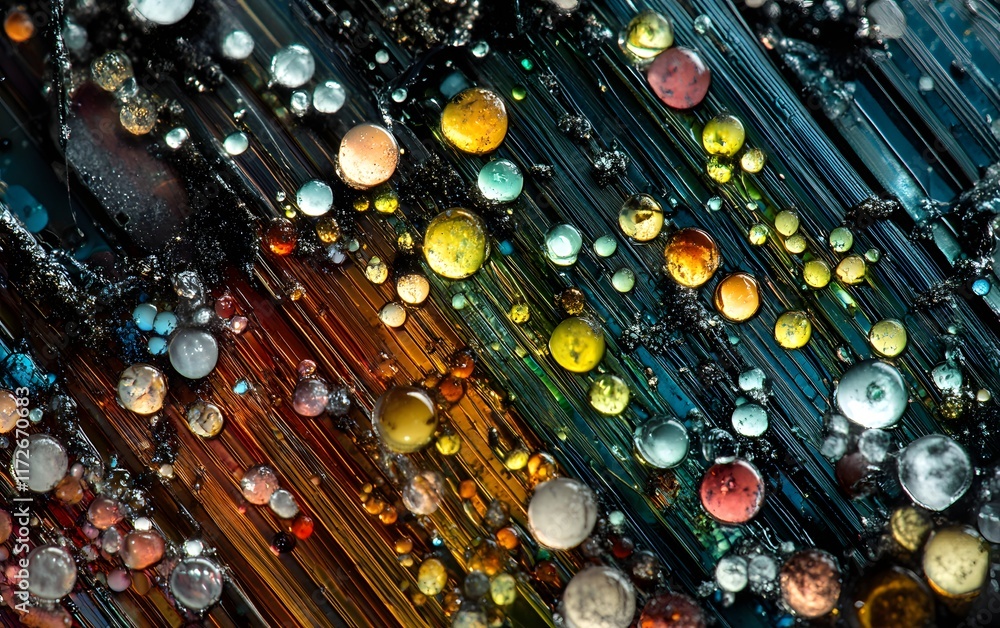 Poster a stunning macro image showcasing a vibrant arrangement of colorful spheres against a textured, abst