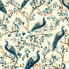 A vibrant pattern featuring peacocks among leafy branches and flowers, creating an elegant and nature-inspired design. seamless pattern