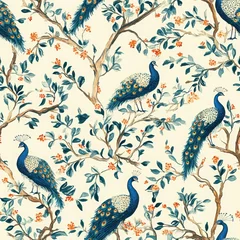 A vibrant pattern featuring peacocks among leafy branches and flowers, creating an elegant and nature-inspired design. seamless pattern